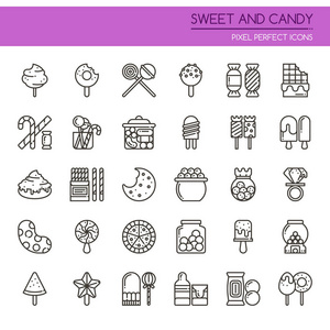 甜和糖果，细线和像素完美图标