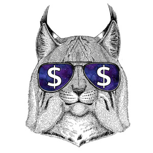野生猫咪猞猁山猫小跑的 t 恤，戴着眼镜美元符号的插图与野生动物纹身素描 修补程序