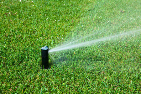 自动喷水灭火喷洒水，绿色的草坪上