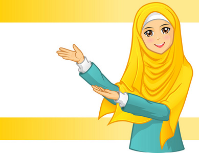 高素质的穆斯林妇女，戴着黄色面纱，邀请武器