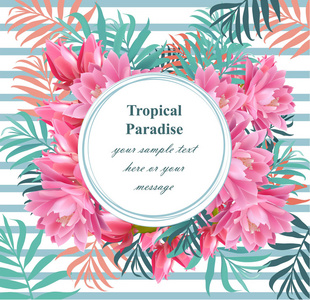 热带矢量花卉圆卡。Summerl 模板设计与棕榈叶和异国情调的花