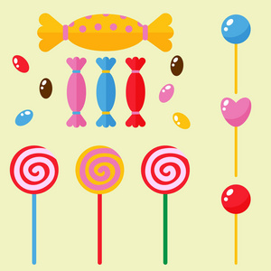 糖果和糖果糖甜点焦糖棒棒糖食品图标集条纹的棒螺旋假日糖果矢量图