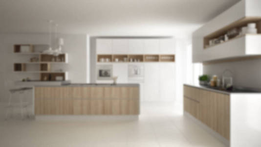 模糊背景室内设计，现代白色斯堪的那维亚厨房