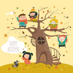 快乐的孩子们坐在秋天的公园里的树上