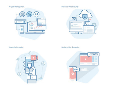 项目管理 企业数据安全 视频会议 业务概念线图标集现场直播