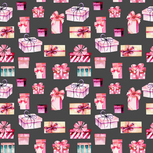 无缝模式与水彩的粉红色礼品盒