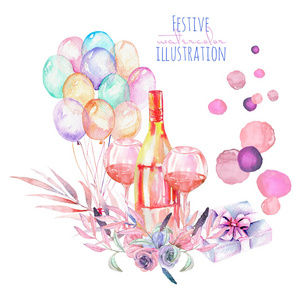 节日插画与水彩的礼品盒 气球 香槟酒瓶 酒杯和花卉元素在粉红色和紫色的阴影