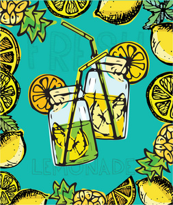 手绘涂鸦夏天插画与柠檬水。夏季饮料
