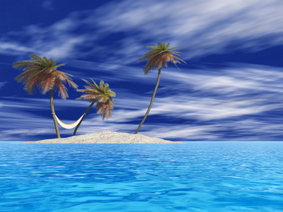 高分辨率概念或概念异国孤岛与棕榈树和吊床和沙子在大海或海洋蓝蓝的天空白云的背景