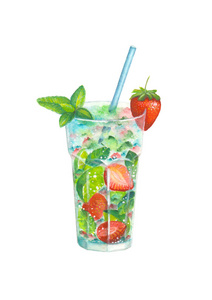 水彩草莓 mojito 鸡尾酒