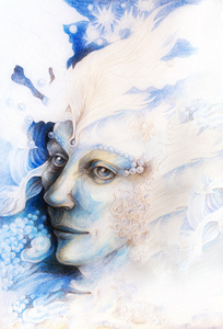 详细绘图精灵人生物，温柔的抽象结构，珍珠和羽毛，单色蓝仙女人脸肖像的幻想
