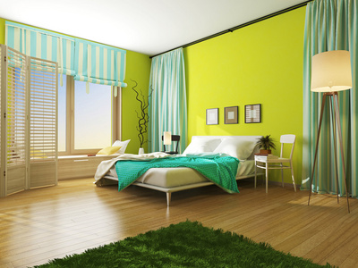 室内卧室有毯子和窗帘颜色的绿松石。