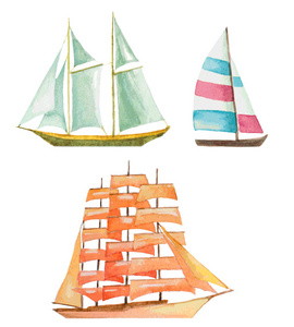 水彩帆船套，矢量图