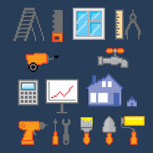 施工图标设置。像素艺术。老学校计算机图形样式
