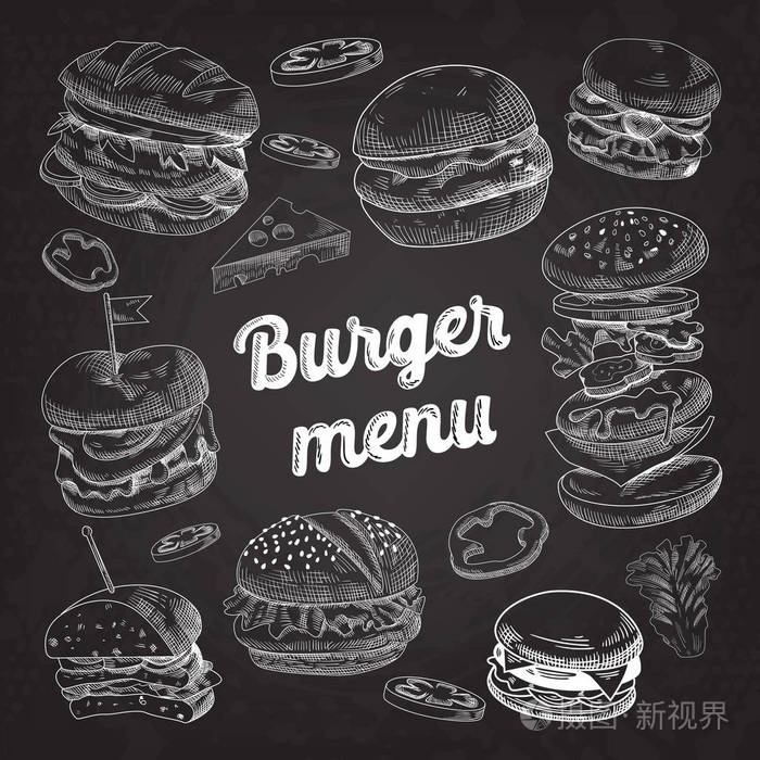 手绘汉堡在黑板上与芝士汉堡三明治和汉堡的快餐菜单矢量图