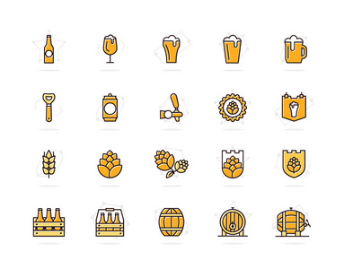 设置的矢量啤酒和酒吧，酒馆彩色线图标。酒精 瓶 杯 大麦 跳 桶 啤酒 泡沫 桶 烧杯 jar 和更多。可编