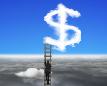 商人攀登木梯，美元标志形状云