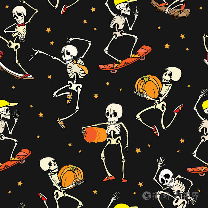 插画 矢量跳舞和滑板骷髅 haloween 重复模式的背景.