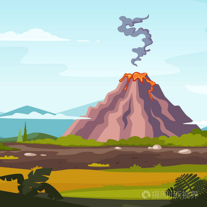 火山与熔岩的野生风景.游戏设计项目的卡通背景插画-0