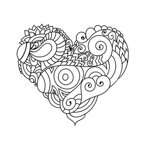观赏 st. 情人贺卡与五颜六色的 zentangle 涂鸦心素描。民族部落波浪形矢量心脏图示