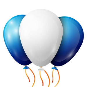 现实的白色 蓝色气球用丝带白色背景上分离。闪亮的彩色光泽气球矢量图