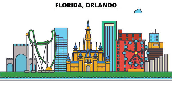 佛罗里达州 Orlando.City 的天际线 建筑 建筑 街道 剪影 风景 全景 地标 图标。可编辑的笔画。平
