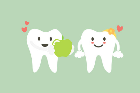 健康的牙齿男孩给女孩健康的牙齿，牙科保健概念新鲜青苹果