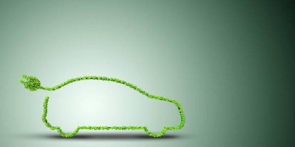 在绿色环境概念3d 渲染的电动汽车概念