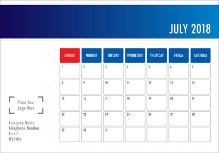7 月 2018年桌子日历矢量图