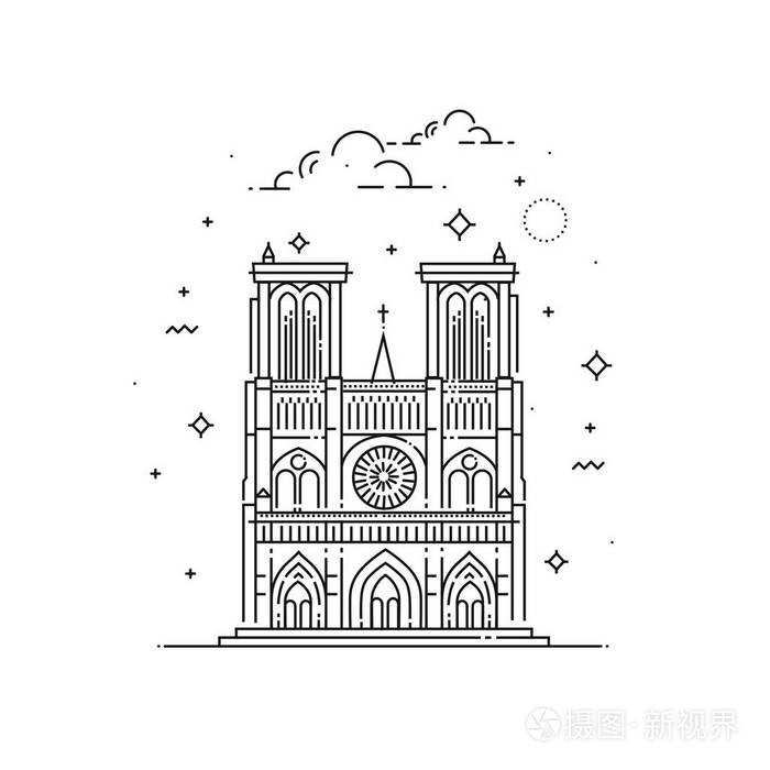 插画 巴黎圣母院插图在大纲的风格.世界著名的地标,集合.eps