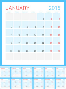 日历2016。 矢量平面设计模板。 一套12个月。 我们