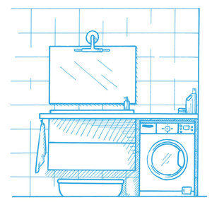 线性素描的内政。浴室里的一部分。矢量图。剪影画的一支蓝色的钢笔