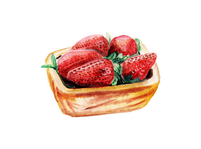 水彩草莓中分离的木碗