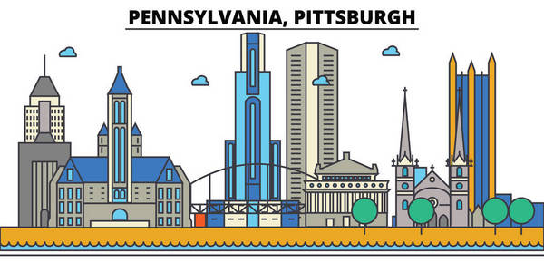 宾夕法尼亚州 Pittsburgh.City 的天际线 建筑 建筑 街道 剪影 风景 全景 地标 图标。可编辑的