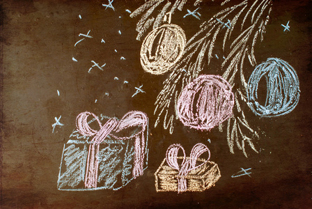 粉笔画的云杉爪子上有气球和礼物在黑色的背上