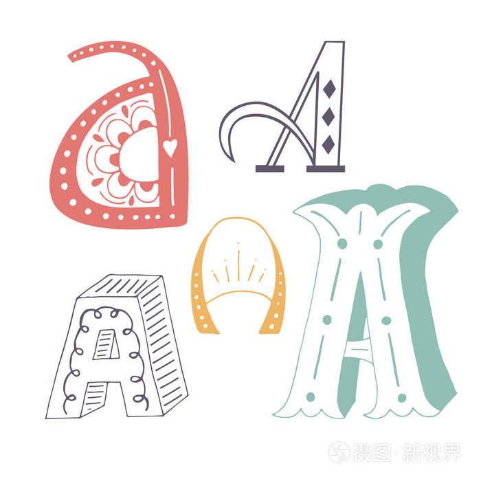 手绘字母 a 与涂鸦装饰独特的收藏.可爱的刻字波西米亚风格脚本.