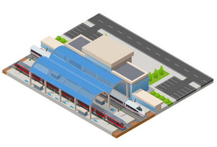 向量等距的信息图表元素铁路站建设终端。城际列车。建筑立面火车站公共列车站旅客列车 平台 相关的基础设施