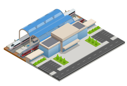 向量等距的信息图表元素铁路站建设终端。城际列车。建筑立面火车站公共列车站旅客列车 平台 相关的基础设施