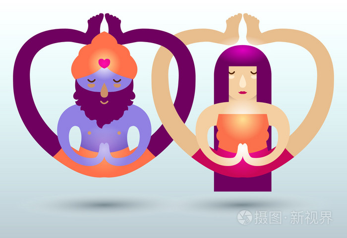 一对夫妇的印度人和白人妇女坐和冥想瑜伽姿势