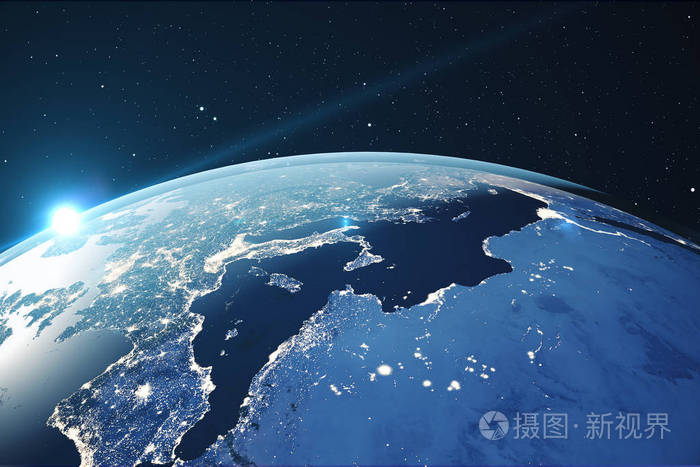 照片 3d. 从夜晚的空间渲染行星地球.