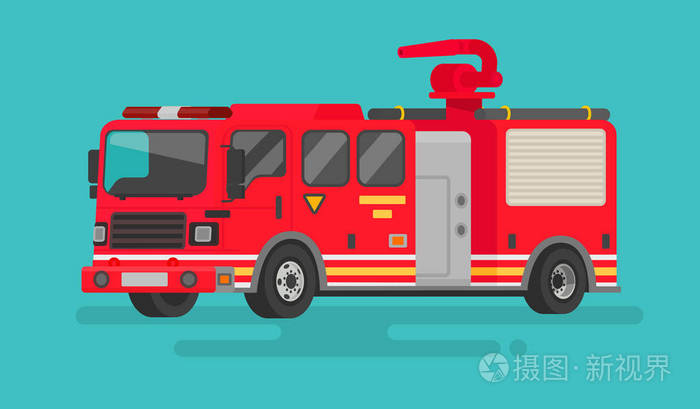 消防车在孤立的背景上.在一套公寓的矢量图