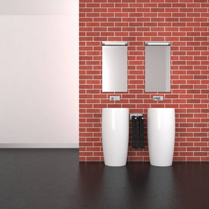 现代浴室配有砖墙和暗楼