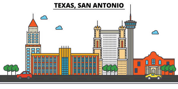 得克萨斯州圣 Antonio.City 天际线 建筑 建筑 街道 剪影 风景 全景 地标 图标。可编辑的笔画。平