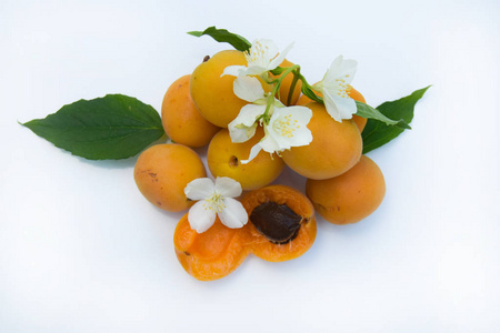 孤立的杏子。孤立在白色背景上的切新鲜杏果实