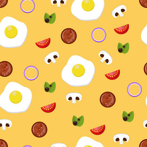 鸡蛋，番茄，蘑菇，香肠。矢量图。无缝模式