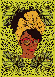 与时尚的非洲裔美国女人画像的海报，龟背竹叶和描边