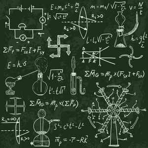 物理公式和黑板上的现象。复古手绘插图