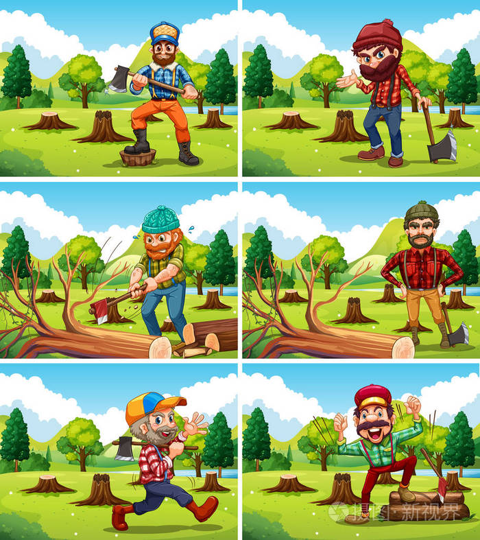 不同森林砍伐现场与伐木工插画-正版商用图片0db0fy