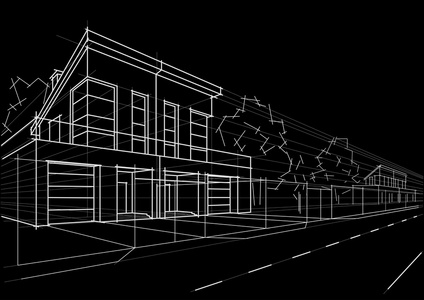 线性的建筑小品，阻止房屋在黑色背景上