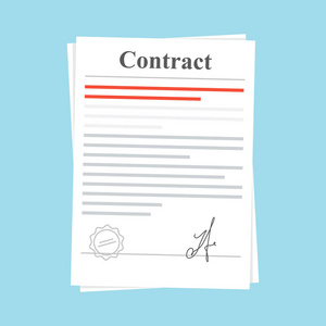 签署书面协议合同图标协议。带有印章和签名的文档。蓝色背景上孤立的平插图